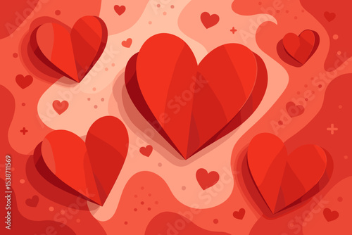 Valentine's Day background with floating 3D red paper hearts. Romantic love symbol composition in a papercraft style. Vector illustration for a greeting card or wedding.