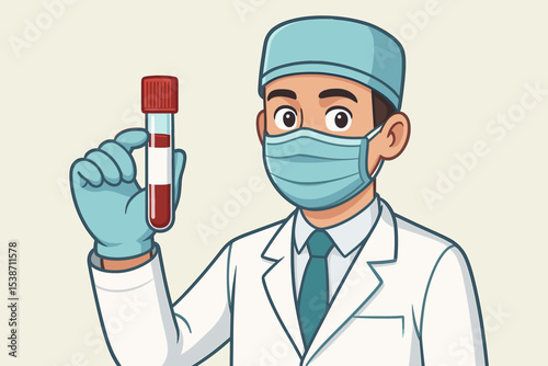 Male doctor or lab technician character holding a blood sample in a test tube. Medical laboratory research concept for diagnostics, hematology, or virology. Healthcare worker cartoon.