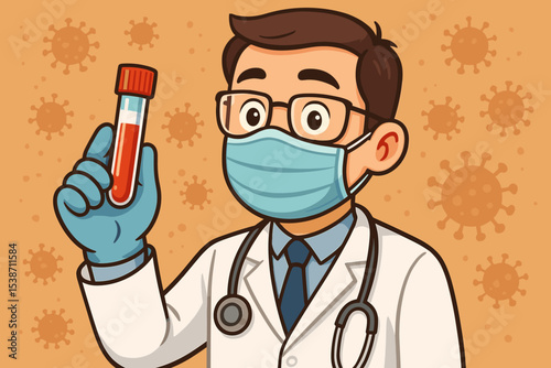 Male doctor or scientist in a face mask holding a test tube with a blood sample. Concept for coronavirus pandemic, virology, medical research, and healthcare. Laboratory worker.