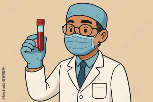 Doctor in lab coat and mask holds blood sample. Scientist or researcher with test tube for medical analysis. Hematology and clinical laboratory concept. Healthcare vector illustration.