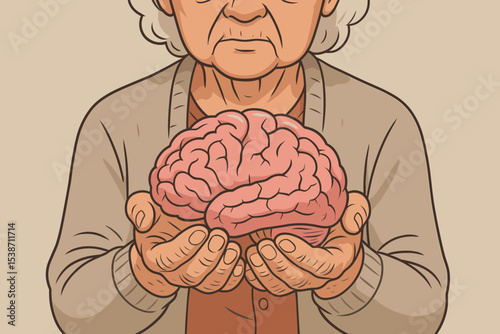 Elderly woman holds a brain, a concept for Alzheimer's disease, dementia, and memory loss. Senior mental health care, cognitive decline, and geriatric neurology vector illustration.