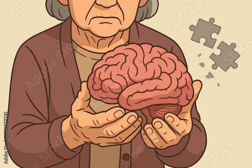 Concept of Alzheimer's disease, dementia, and memory loss. Elderly woman holding a brain as puzzle pieces float away, symbolizing cognitive decline and neurological disorders in seniors.