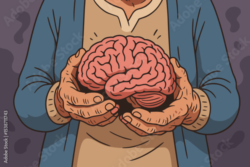 Hands holding human brain. Mental health care, psychology, and support concept. Metaphor for intelligence, creative ideas, and innovation. Neuroscience, mind protection, and thinking.