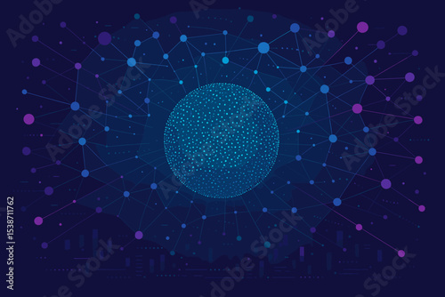 Futuristic big data network background. Abstract technology concept with global communication and glowing sphere. Digital information visualization, plexus structure and AI graphic.