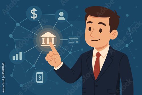 Fintech concept with a businessman managing finances on a virtual touch screen. Digital banking, mobile payment, and online investment network. Financial technology services vector.