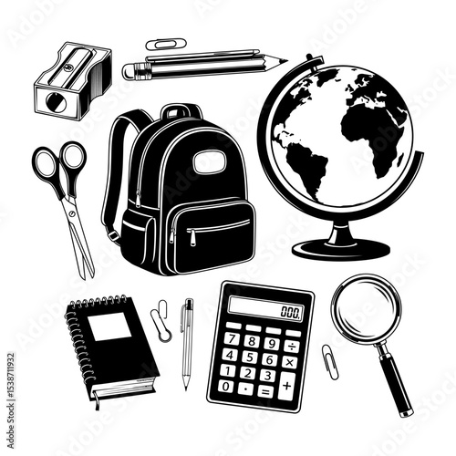 school equipment vector silhouettes, books, bags, calculators and others