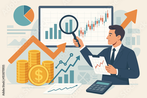 Financial analyst examining stock market data with magnifying glass. Business investment strategy and economic growth concept. Vector illustration with graphs, charts, and profit coins.