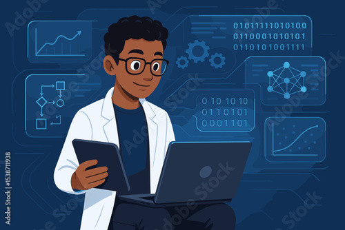 Young Black data scientist working on a futuristic user interface. Male analyst with laptop studying graphs, flowcharts, and algorithms. Big data, AI, machine learning, and STEM education concept.