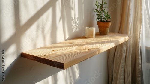 Wooden Shelf with Plant and Candle