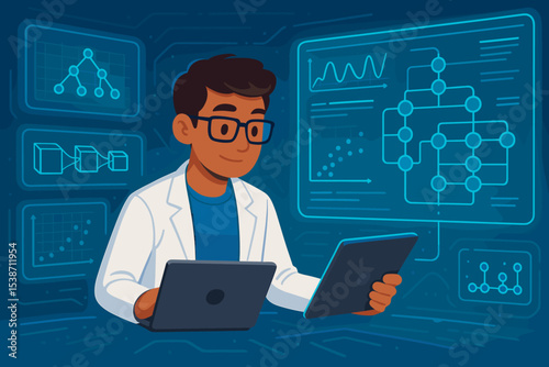 Data scientist analyzing big data on futuristic interface. Male analyst or researcher in lab coat working with laptop and tablet on charts, graphs and flowcharts on a dashboard.