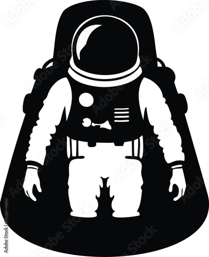 Monochrome illustration depicting an astronaut in a spacesuit and enclosed launch vehicle