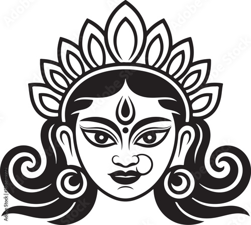Black and White Tribal Style Goddess Durga Head Illustration