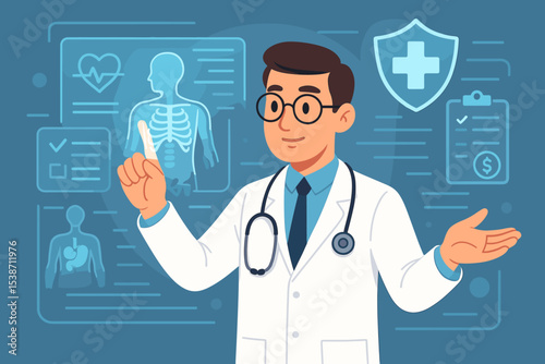 Futuristic medical technology with doctor using a virtual screen for health examination. Telemedicine, online diagnosis, digital patient records, and healthcare innovation.