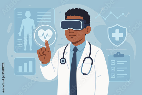 Black doctor wearing VR headset analyzes patient data on a futuristic holographic interface. Virtual reality in medicine concept for telemedicine, e-health, and remote diagnosis.