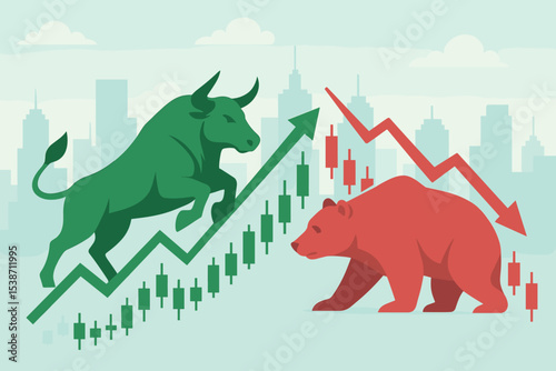 Bull and bear stock market concept. Financial investment and trading symbols. Bullish uptrend vs bearish downtrend illustration with candlestick chart, graph and city skyline.