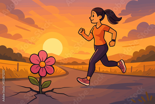 Concept of resilience and hope. A woman jogging on a country road at sunset passes a flower breaking through the asphalt. Metaphor for strength, perseverance, and new life.