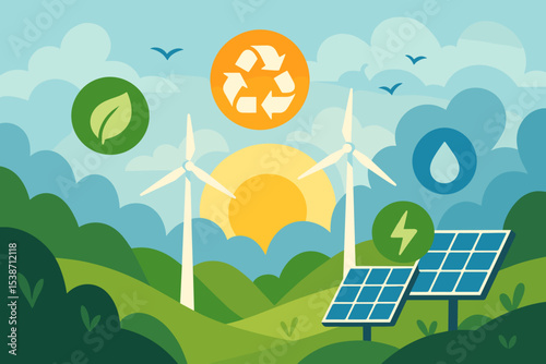 Renewable energy concept with wind turbines, solar panels in a green landscape. Environment conservation, sustainability, and ecology illustration with eco friendly icons for recycling.