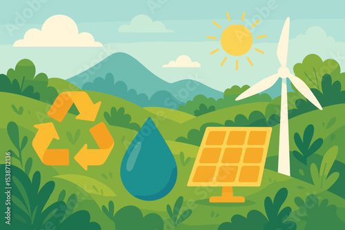 Renewable energy concept illustration with green power sources. Solar panel, wind turbine, water drop and recycle symbol in nature landscape. Ecology and sustainability vector.