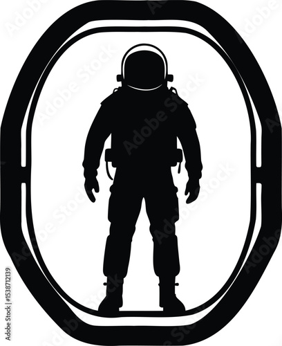 Black Silhouette of a Standing Astronaut in a Circular Space Portal