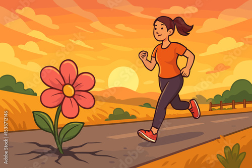 Woman jogging at sunrise, concept of healthy lifestyle and perseverance. Flower growing through pavement symbolizing hope, strength, and overcoming adversity. Vector cartoon illustration.