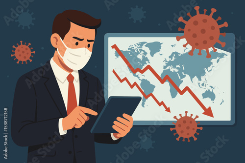 Businessman in mask analyzing economic crisis caused by pandemic. Global financial recession concept with world map and declining chart. Coronavirus impact on stock market.