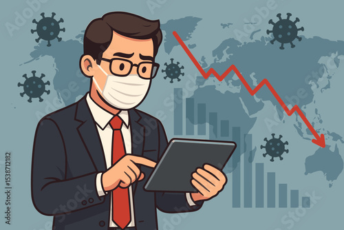 Global economic crisis due to coronavirus pandemic vector illustration. Worried businessman in face mask analyzes financial recession data on tablet. Downward chart on world map.