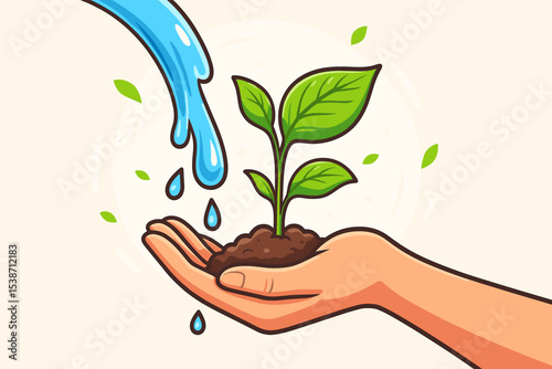 Hand holding young plant with soil, water drops falling on the sprout. Nurturing nature concept for growth, new life, sustainability. Environment care, ecology, conservation, Earth Day.