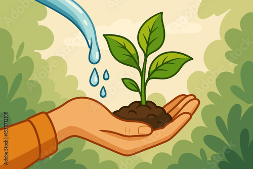 Hand nurturing a young plant sprout with water. Concept of growth, care, ecology, and environment. Sustainability and conservation idea. Metaphor for new life, hope, and investment.