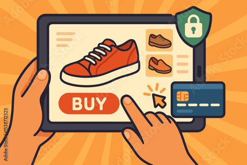 Online shopping for shoes on a tablet. E-commerce concept with a hand clicking the buy button, credit card and security shield. Secure digital payment for a retail purchase.