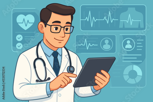 Doctor using tablet for virtual medical analysis. Telemedicine and digital healthcare concept. Physician with stethoscope checks electronic patient record with EKG heartbeat data.