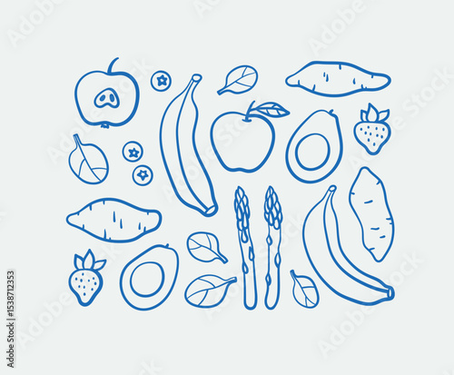 Hand-drawn fruits and vegetables. Line art, ink, minimalist style. Vector illustration. Sport collection.