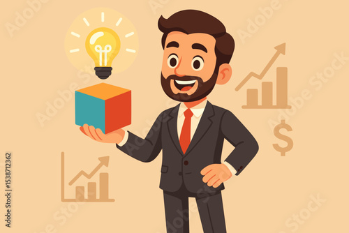 Businessman with a creative business idea for financial growth. Entrepreneur holds a cube with a lightbulb. Concept of innovation, strategy, investment, and success. Vector illustration.