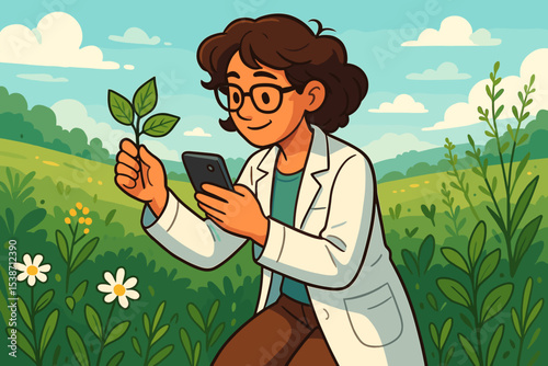 Female scientist researching plants outdoors. Botanist in lab coat using a smartphone for genetic analysis of a leaf. Agronomist studying crops. Biotechnology, ecology, and science.