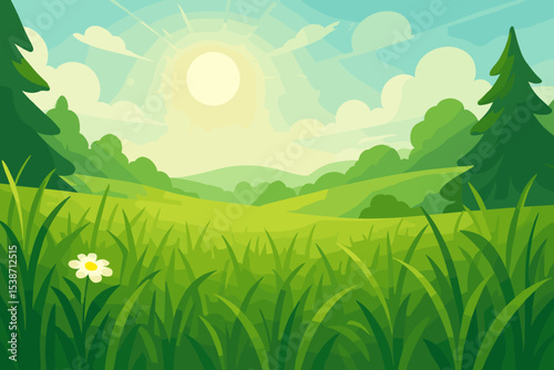 Summer nature landscape vector background. Cartoon illustration of a green field with grass, hills, and forest. Sunny morning scene with bright sun, blue sky, and clouds.