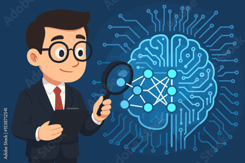 Businessman or scientist analyzing an AI neural network with a magnifying glass. Concept of machine learning, data science, big data analysis, and deep learning technology.