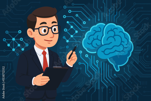 Artificial intelligence concept with a scientist analyzing a digital brain and neural network. Vector illustration for machine learning, deep learning, big data, and futuristic technology.