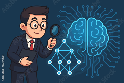 AI research concept. Scientist analyzing a neural network with a magnifying glass. Machine learning, deep learning, data science innovation. Digital brain and algorithm technology.