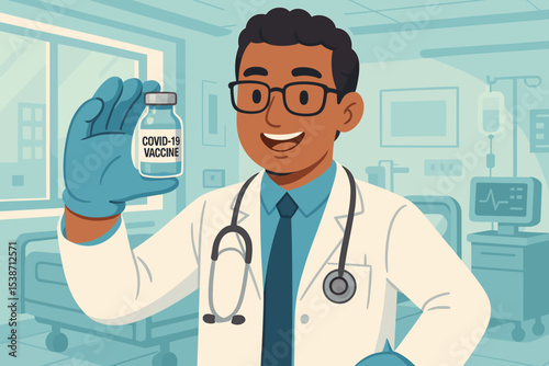 Friendly black doctor holding COVID-19 vaccine vial. Male physician promotes immunization and vaccination against coronavirus. Healthcare, medicine, and pandemic prevention concept illustration.