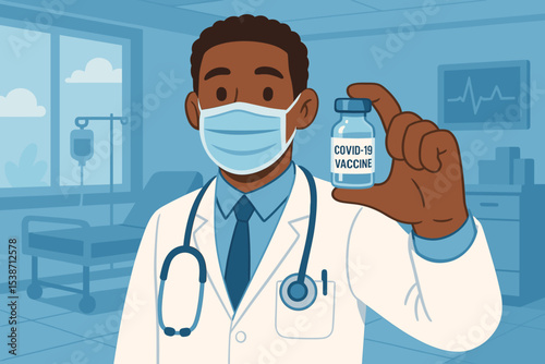 Black doctor in face mask holds COVID-19 vaccine vial. Male physician promoting immunization in hospital. Coronavirus pandemic vaccination concept. Healthcare and medicine vector.
