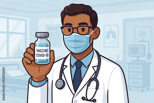 Male doctor wearing face mask holds COVID-19 vaccine vial. African American physician recommends vaccination for coronavirus prevention. Concept of immunization, healthcare, and medicine.