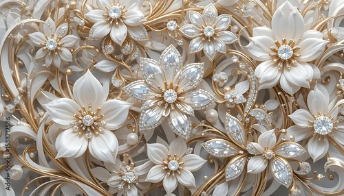 Elegant white flowers with gold accents and crystal embellishments in luxurious 3D style. Perfect for wedding decor, luxury branding, or background designs.