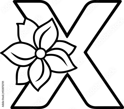 Alphabet X coloring page with the flower, X letter digital outline floral, ABC coloring page