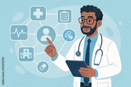 Black doctor managing patient data on a virtual interface. Telehealth, telemedicine, EHR concept. Male physician with tablet and medical icons. Digital healthcare technology innovation.