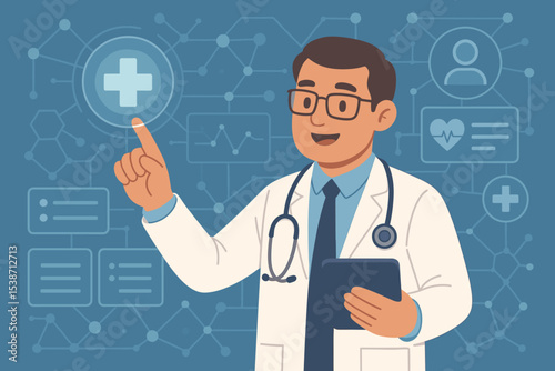 Doctor using futuristic virtual interface for telemedicine. Medical technology concept with physician analyzing electronic patient records and health data on a holographic screen.