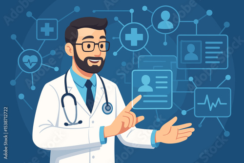 Doctor using a virtual interface for online consultation and managing patient records. Telemedicine, digital healthcare, and e-health technology concept. Futuristic medical innovation.