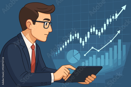 Businessman investor analyzing stock market data on a tablet. Financial trading and investment concept with holographic candlestick chart, graph showing growth and profit.