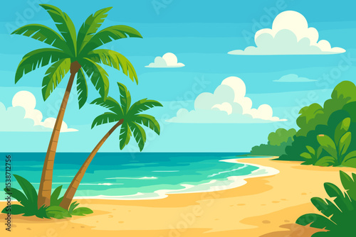 Tropical beach paradise landscape with palm trees and ocean. Summer vacation travel background concept. Vector illustration of a sunny day on a beautiful exotic island shore.