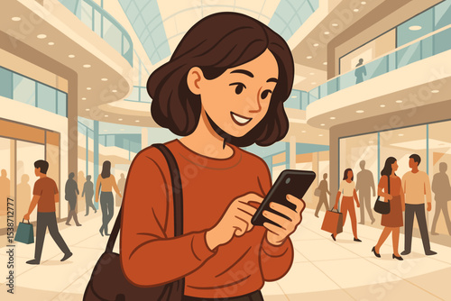 Happy woman using smartphone in a modern shopping mall. Concept for online shopping, mobile app, social media engagement, communication, and consumer technology in a retail environment.