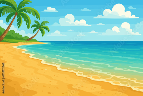 Tropical beach background with palm trees. Summer vacation paradise island landscape. Cartoon vector illustration of a serene ocean scene with sand, sea, and blue sky with clouds.
