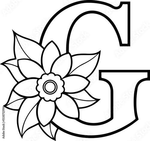 Alphabet G coloring page with the flower, G letter digital outline floral, ABC coloring page